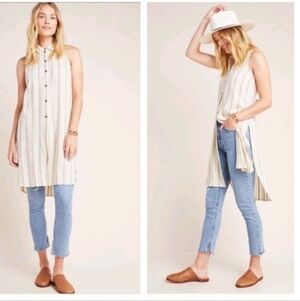 Anthropologie Delphine Tunic Top Sleeveless Button Up Striped Sz L